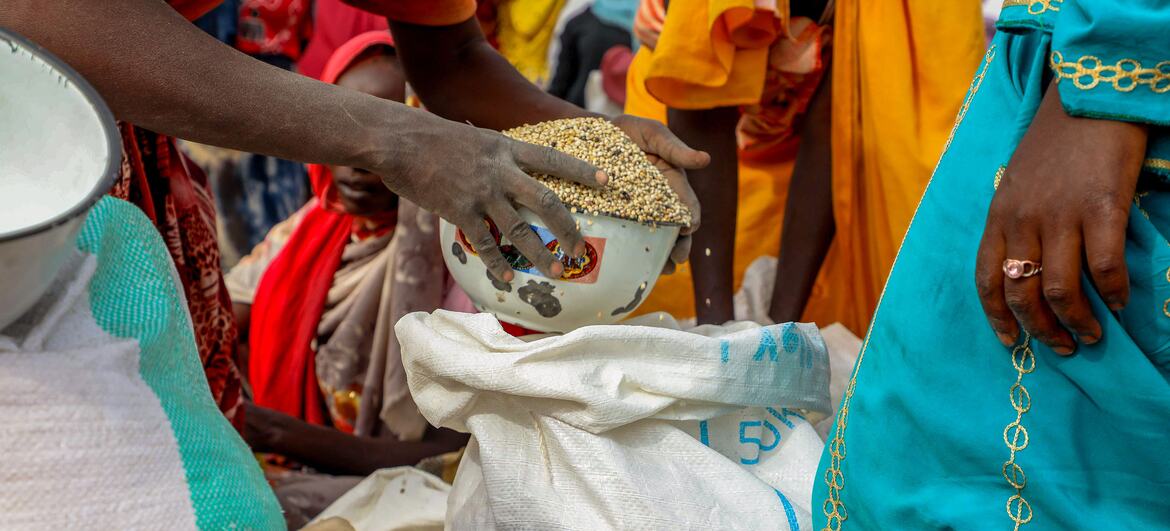 Un membre du personnel du PAM verse du sorgho dans un bol lors d'une distribution d'aide alimentaire à Adré, au Tchad. Des réfugiés soudanais attendent de recevoir une aide alimentaire.