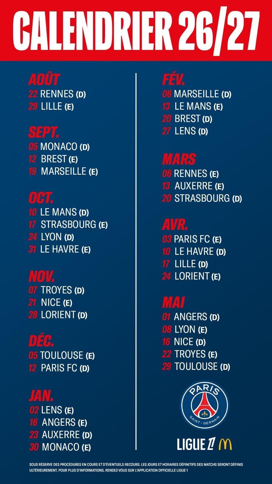 calendrier complet psg ligue 1 2026-2027
