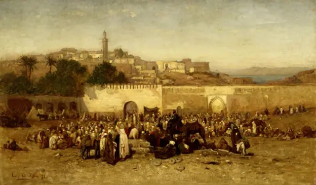Scène du marché de Tanger au XIXe siècle, illustrant les échanges commerciaux entre le Maroc et les puissances étrangères.